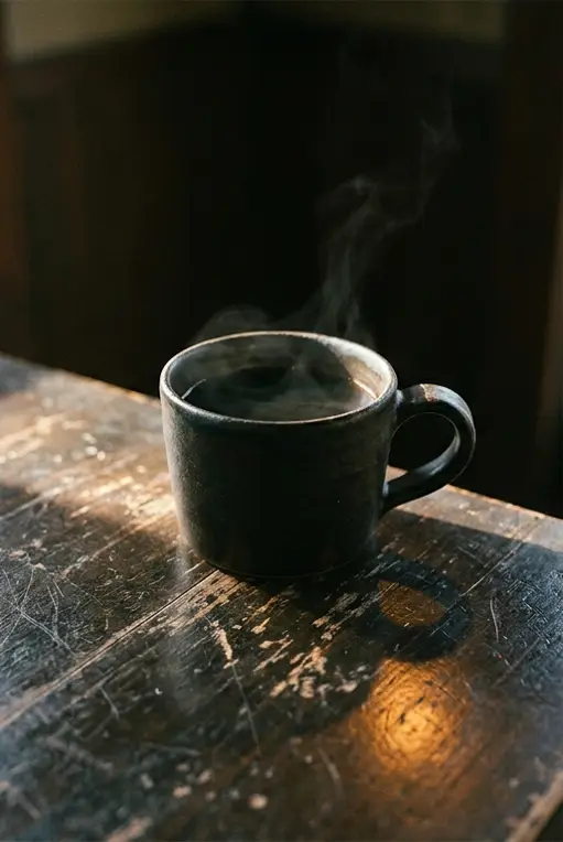 夜明け前のテーブルに置かれた一杯のコーヒー